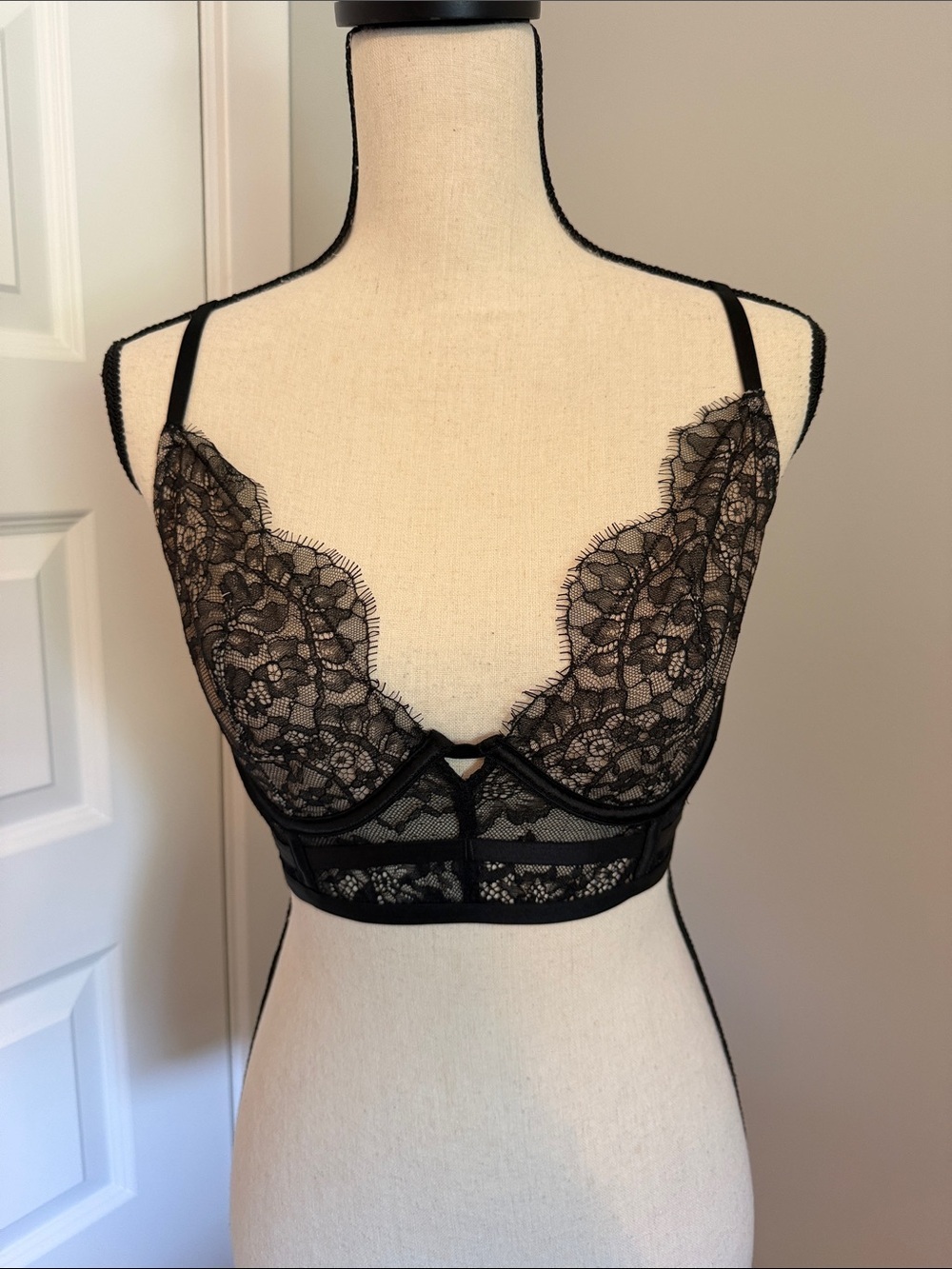 Victoria's Secret Black Lace Longline Bralette with Sheer Panels NWOT